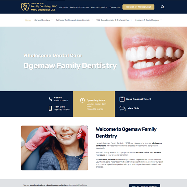 Happy patient adjusting comfortable dentures at Ogemaw Family Dentistry.
